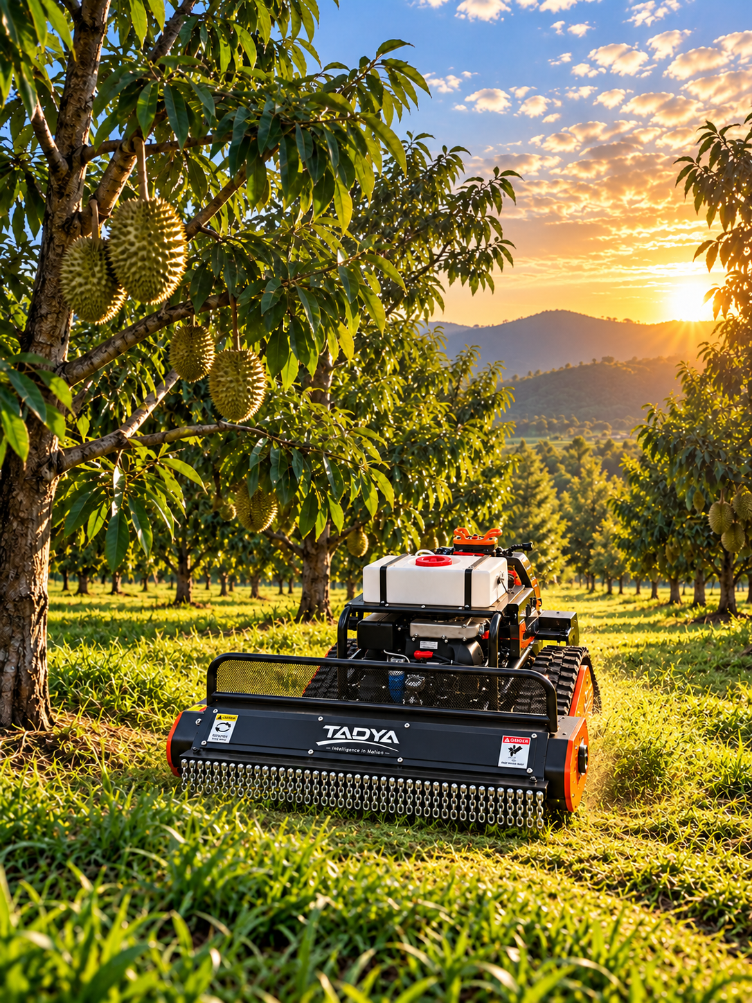 golden orchard robot mower at sunset