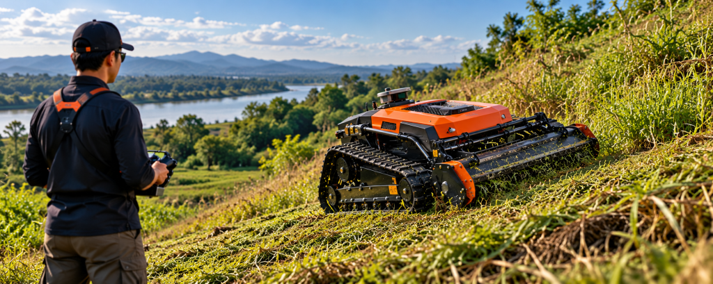 Safety remote mower on scenic hillside